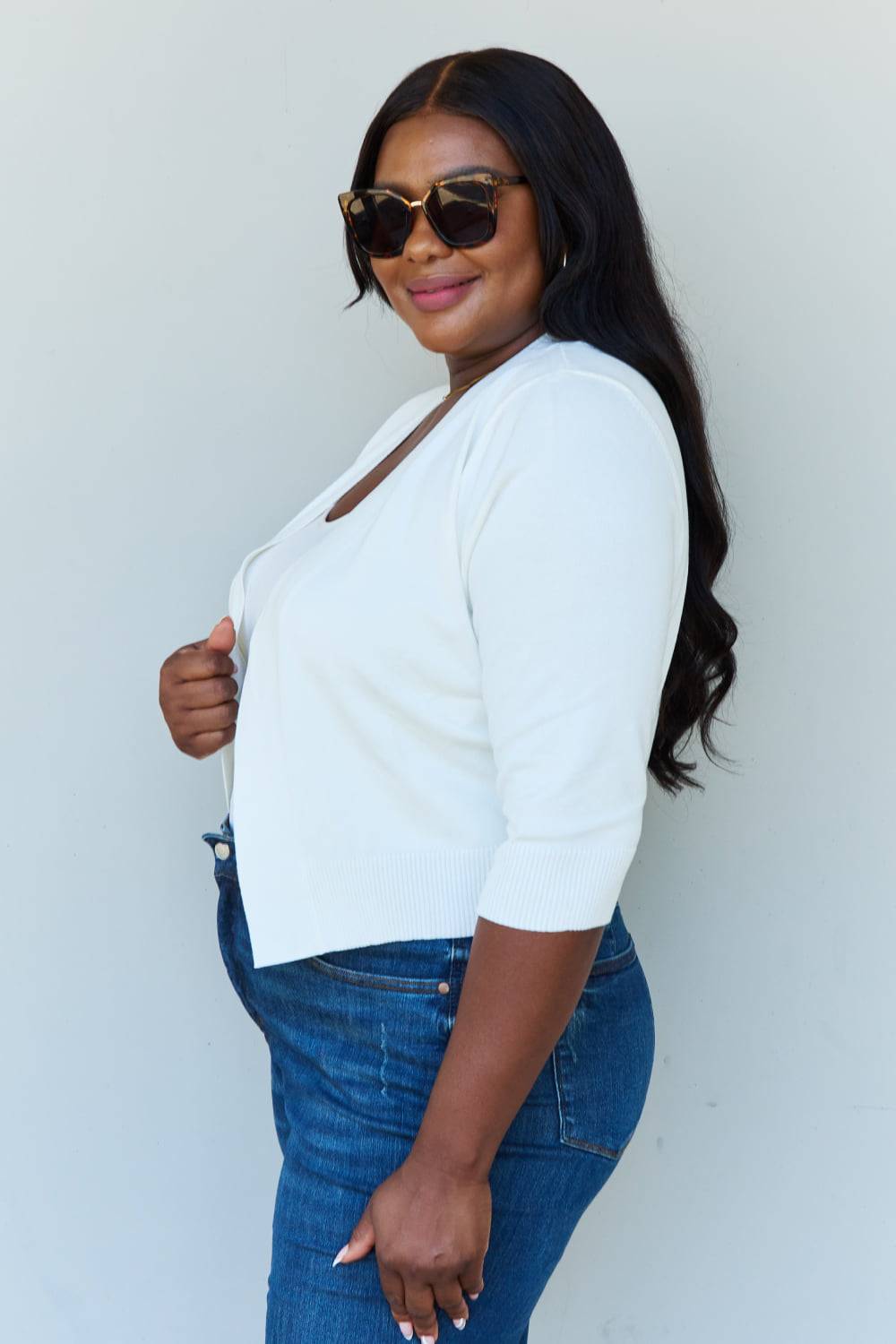 Doublju My Favorite Full Size 3/4 Sleeve Cropped Cardigan in Ivory - Mulberry Skies
