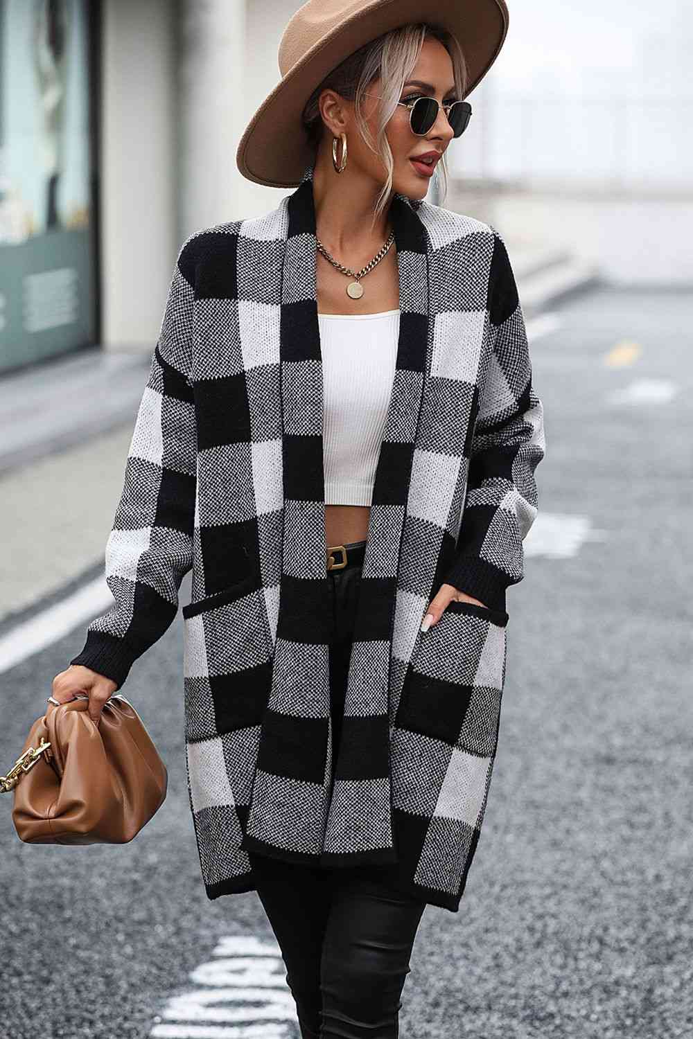 Plaid Dropped Shoulder Cardigan with Pocket - Mulberry Skies