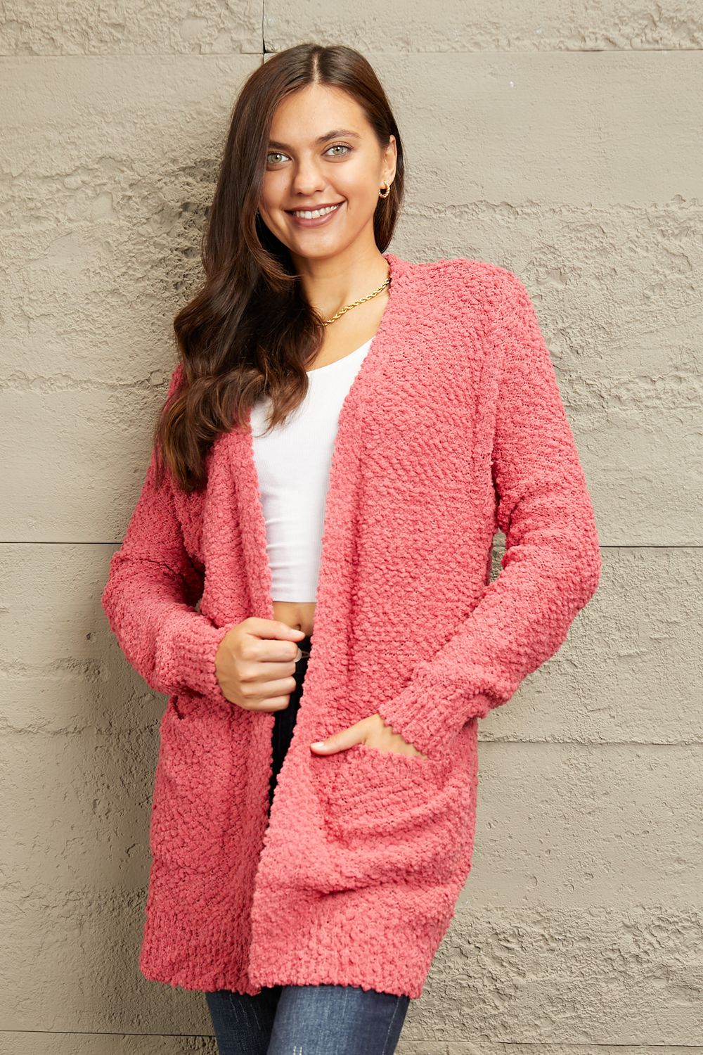 Falling For You Open Front Popcorn Cardigan - Strawberry - Mulberry Skies