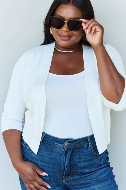 Doublju My Favorite Full Size 3/4 Sleeve Cropped Cardigan in Ivory - Mulberry Skies