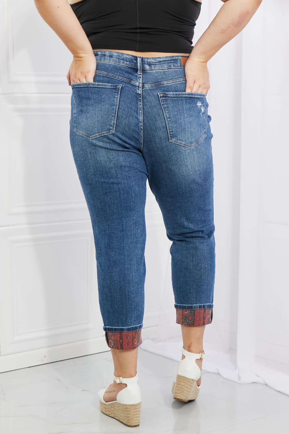 Judy Blue Gina Full Size Mid Rise Paisley Patch Cuff Boyfriend Jeans - Mulberry Skies