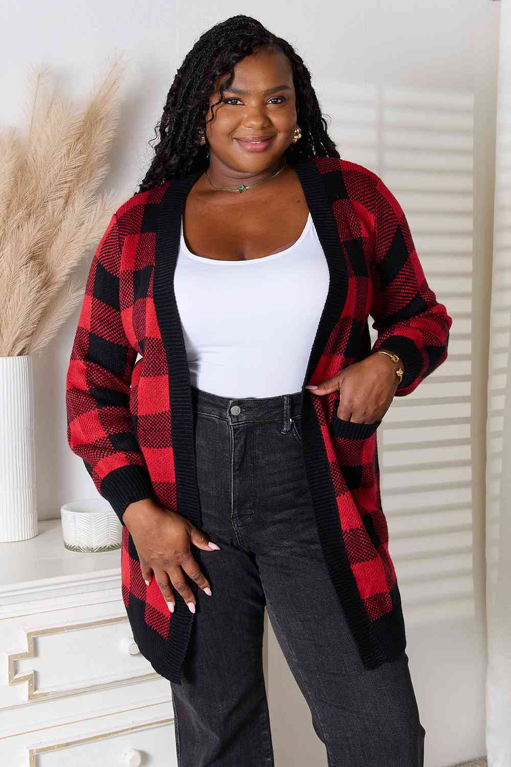 Plaid Open Front Cardigan with Pockets - Mulberry Skies