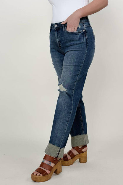 Judy Blue Mid-Rise Destroy &amp; Single Cuff Dad Jean Straight Jeans - Mulberry Skies