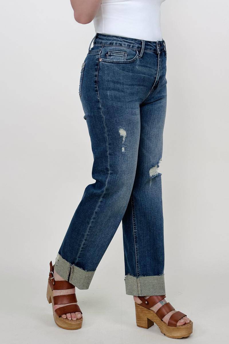 Judy Blue Mid-Rise Destroy &amp; Single Cuff Dad Jean Straight Jeans - Mulberry Skies