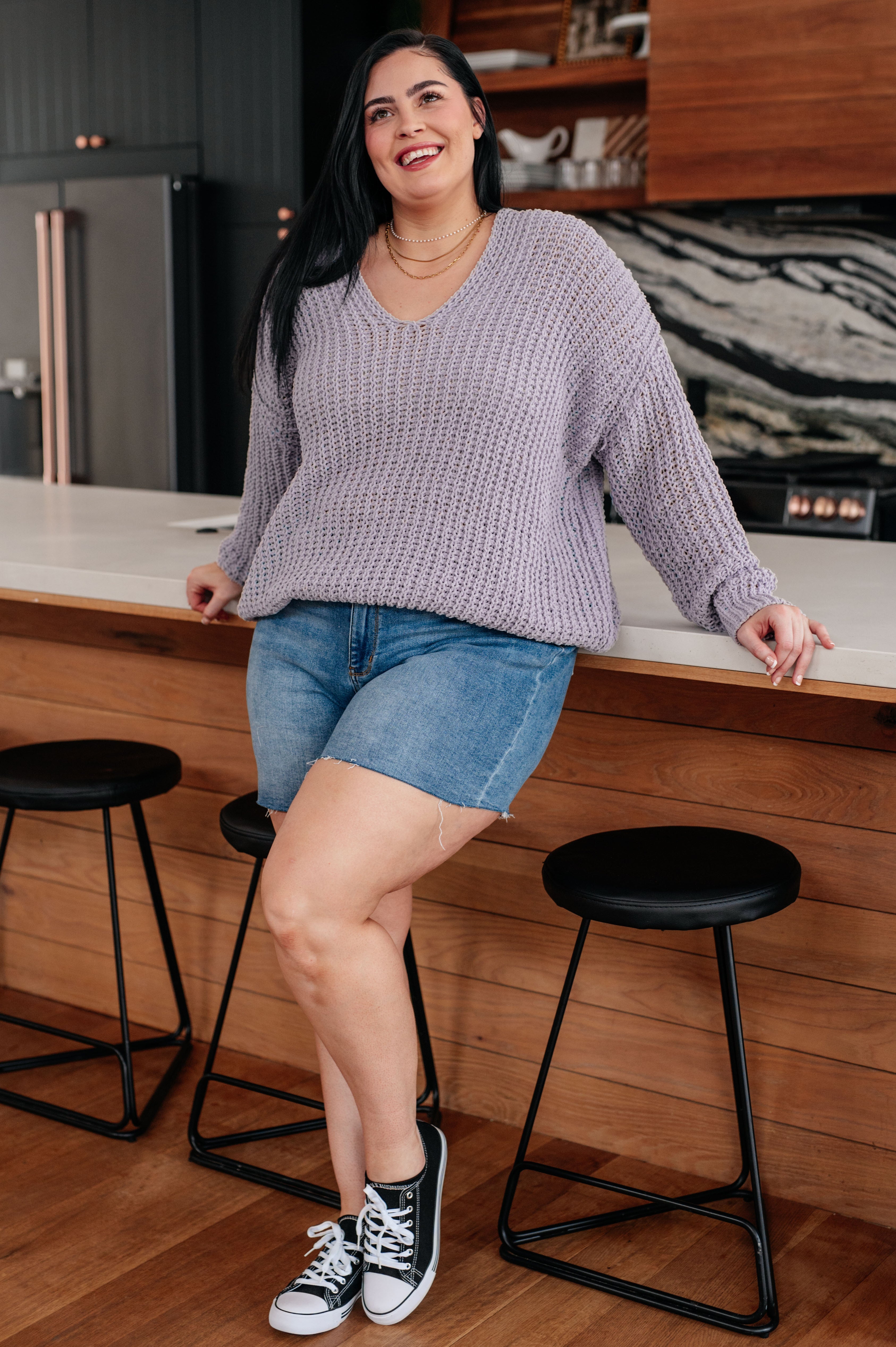 Captured My Interest Chunky V-Neck Sweater - Mulberry Skies