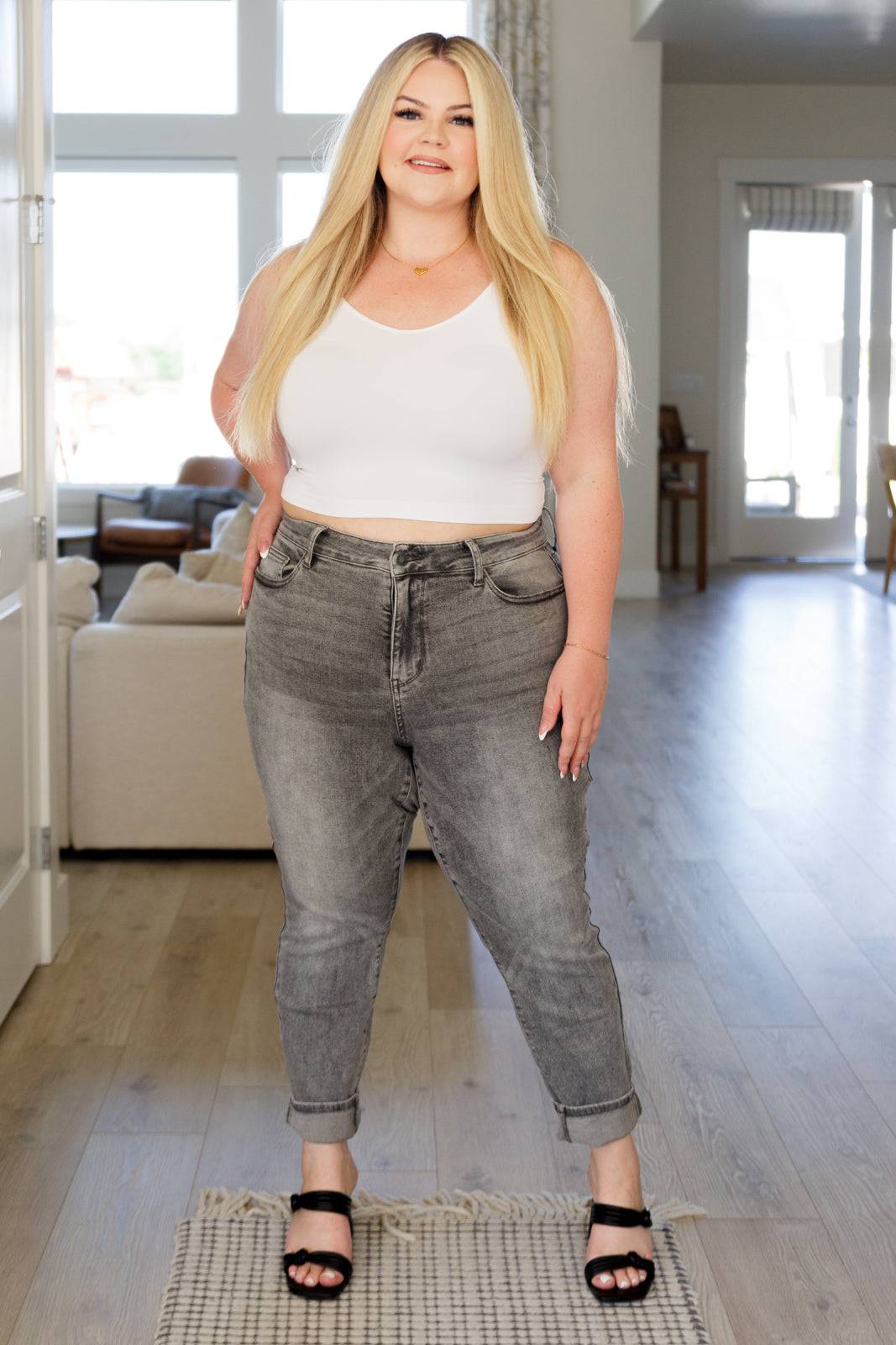 Charlotte High Rise Stone Wash Slim Jeans in Gray - Mulberry Skies