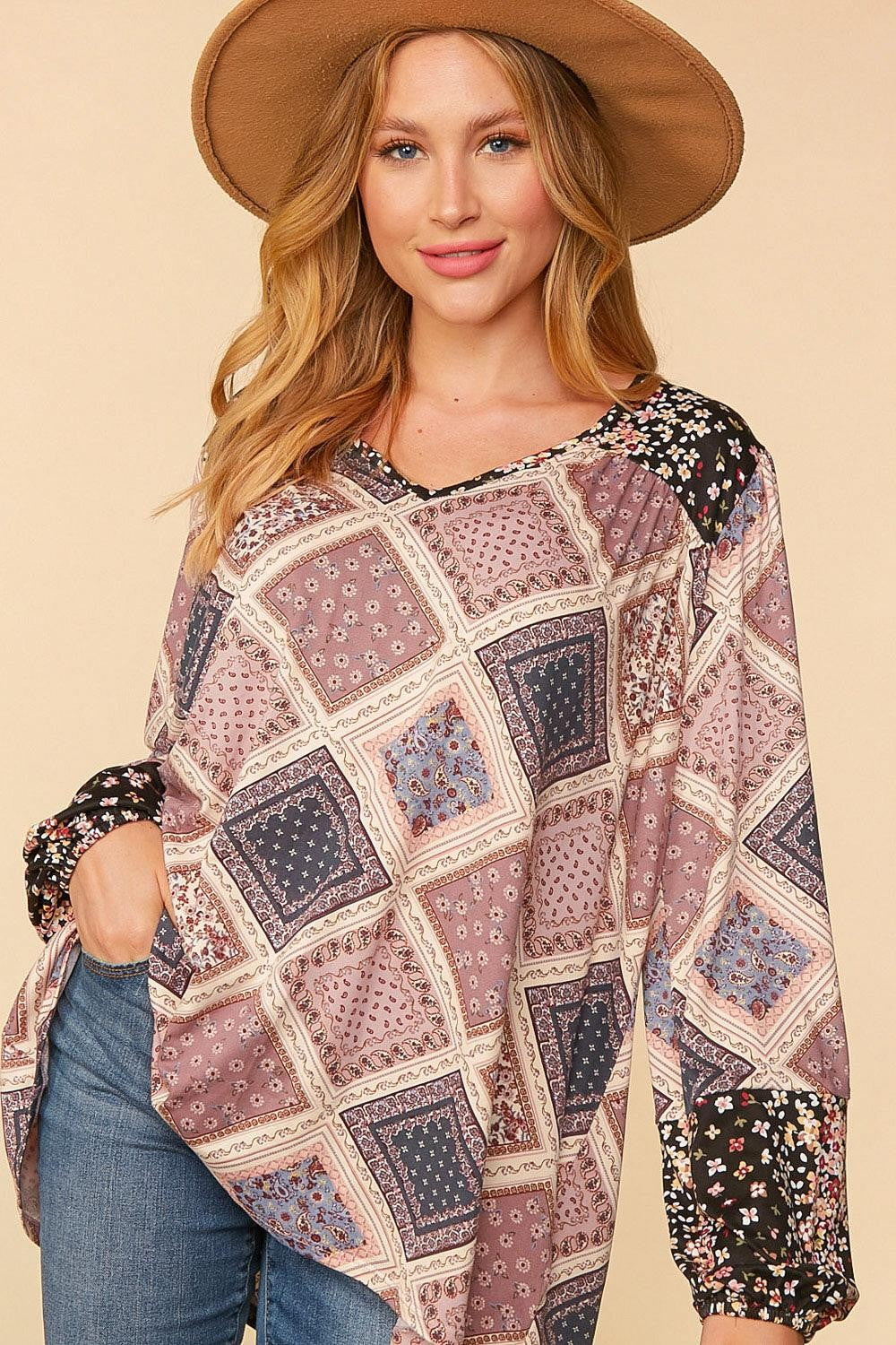ETHNIC PATCHWORK YOKE FLORAL PRINT KNIT TOP-Mulberry Skies