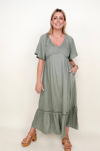 Smocked Bust Butterfly Sleeve Midi Dress with Pockets - Mulberry Skies