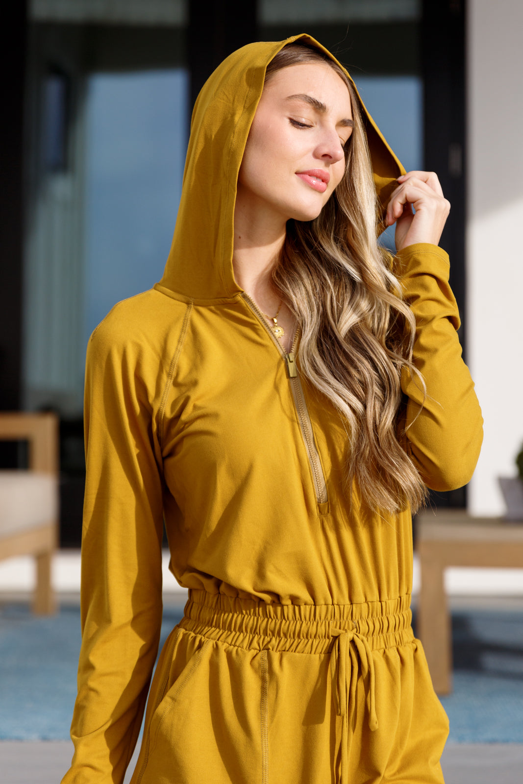 Getting Out Long Sleeve Hoodie Romper Gold Spice - Mulberry Skies