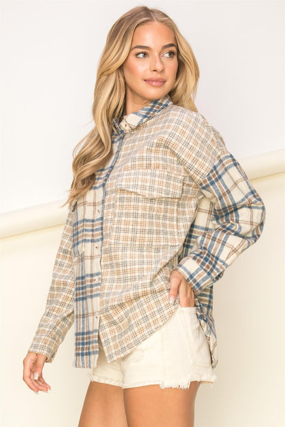 Combination Plaid Print Shacket-Mulberry Skies