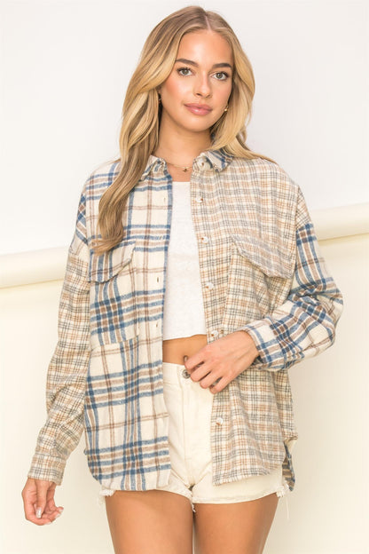 Combination Plaid Print Shacket-Mulberry Skies