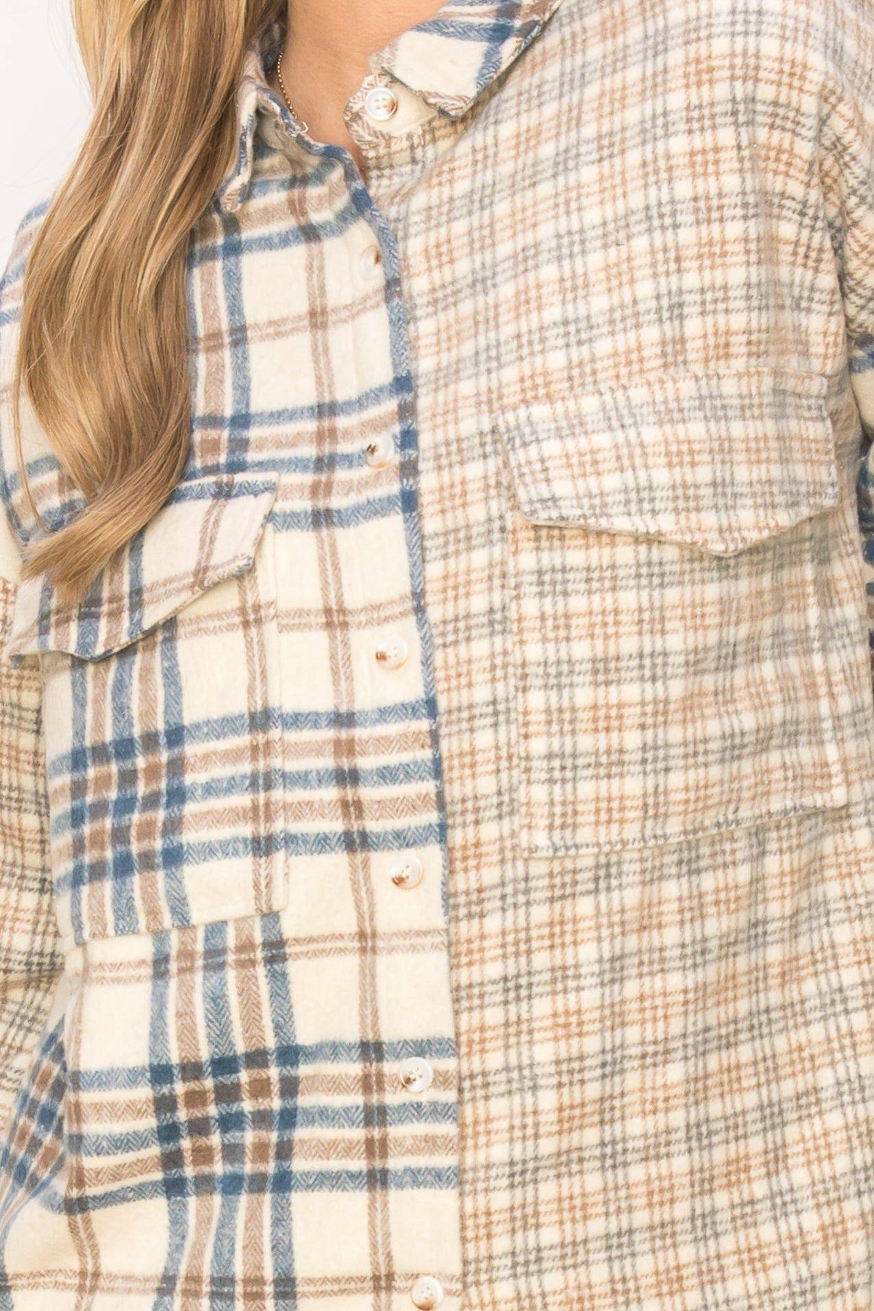 Combination Plaid Print Shacket-Mulberry Skies