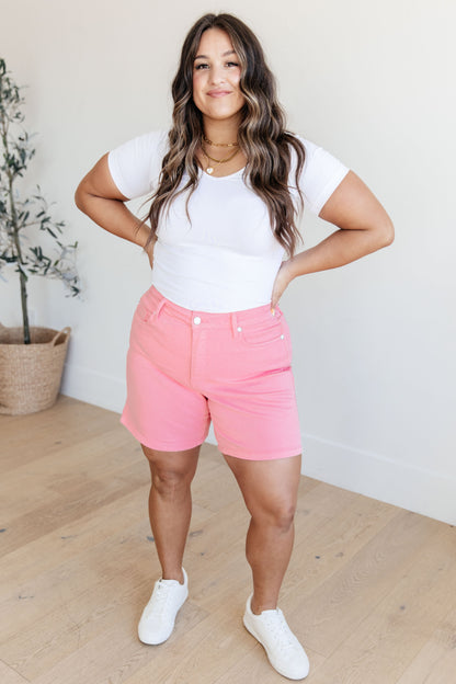 Jenna High Rise Control Top Cuffed Shorts in Pink - Mulberry Skies