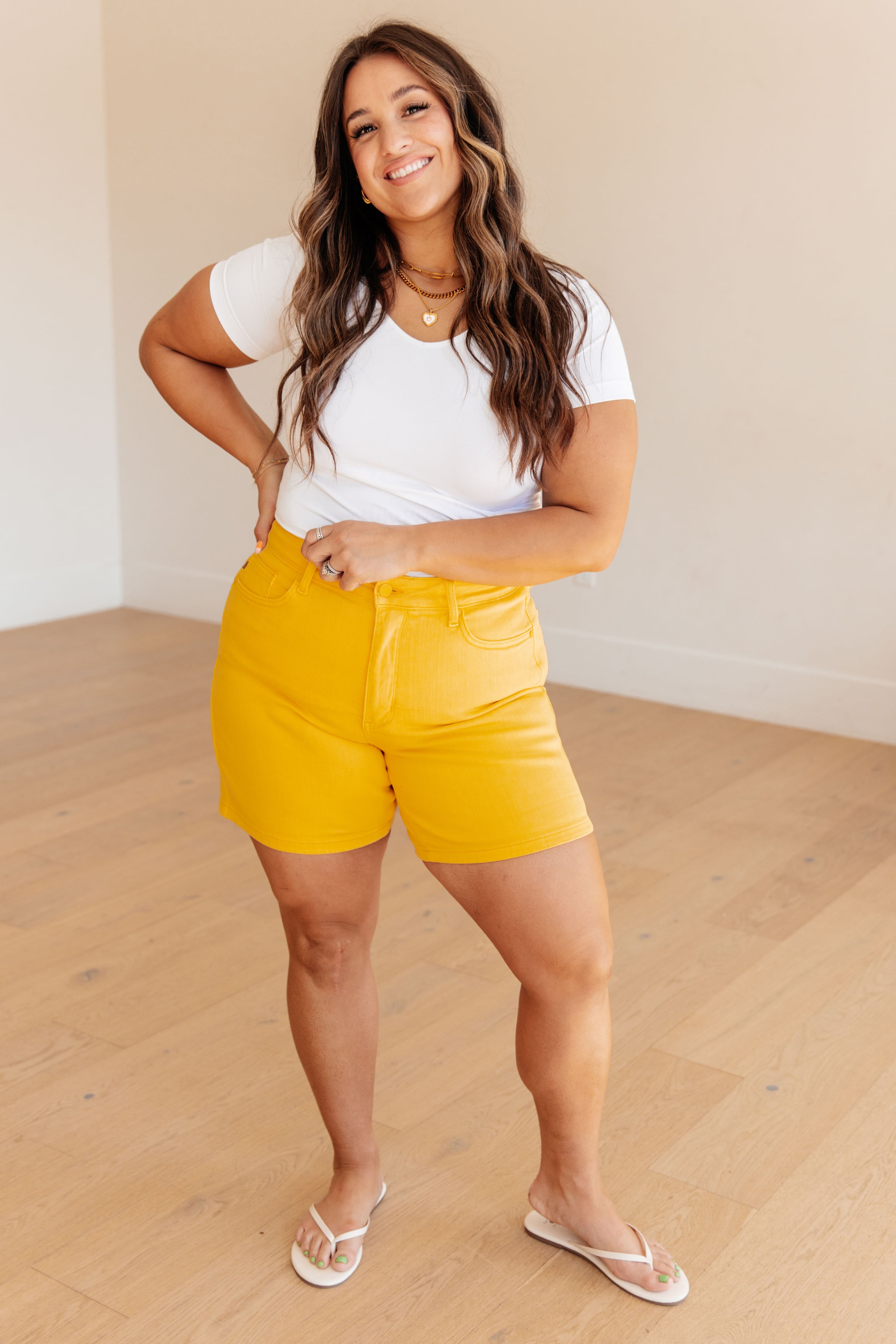 Jenna High Rise Control Top Cuffed Shorts in Yellow - Mulberry Skies