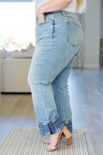 Miranda High Rise Plaid Cuff Vintage Straight Jeans - Mulberry Skies