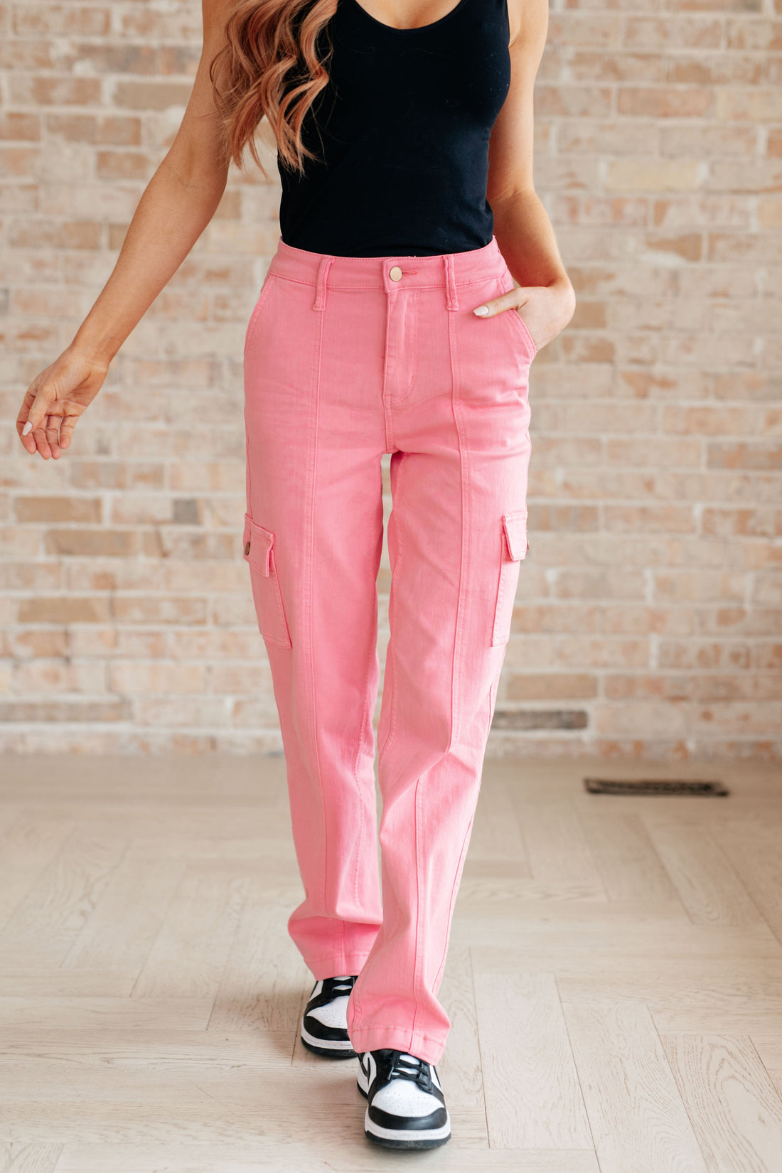 Peggy High Rise Cargo Straight Jeans in Pink - Mulberry Skies