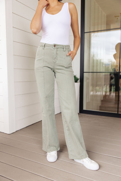 Judy Blue Phoebe High Rise Front Seam Straight Jeans in Sage - Mulberry Skies