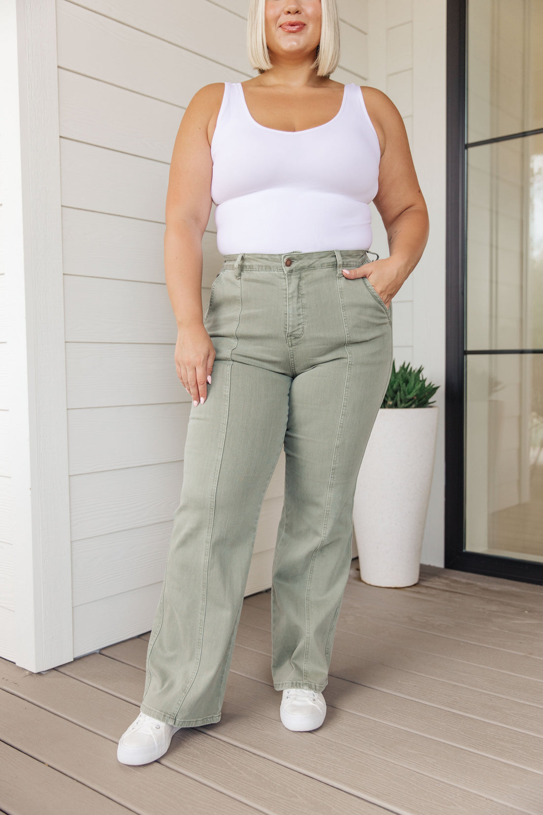 Judy Blue Phoebe High Rise Front Seam Straight Jeans in Sage - Mulberry Skies
