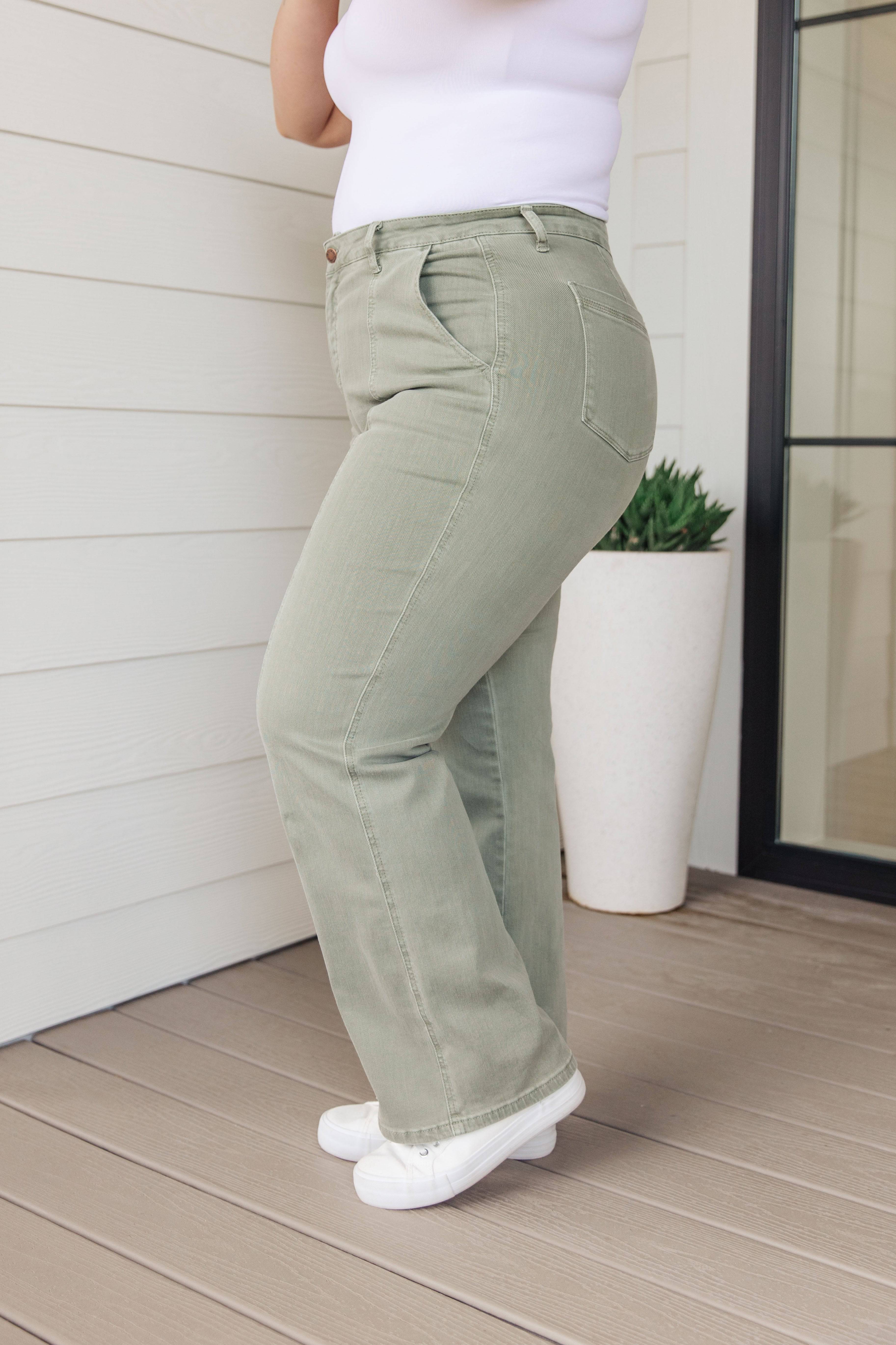 Judy Blue Phoebe High Rise Front Seam Straight Jeans in Sage - Mulberry Skies