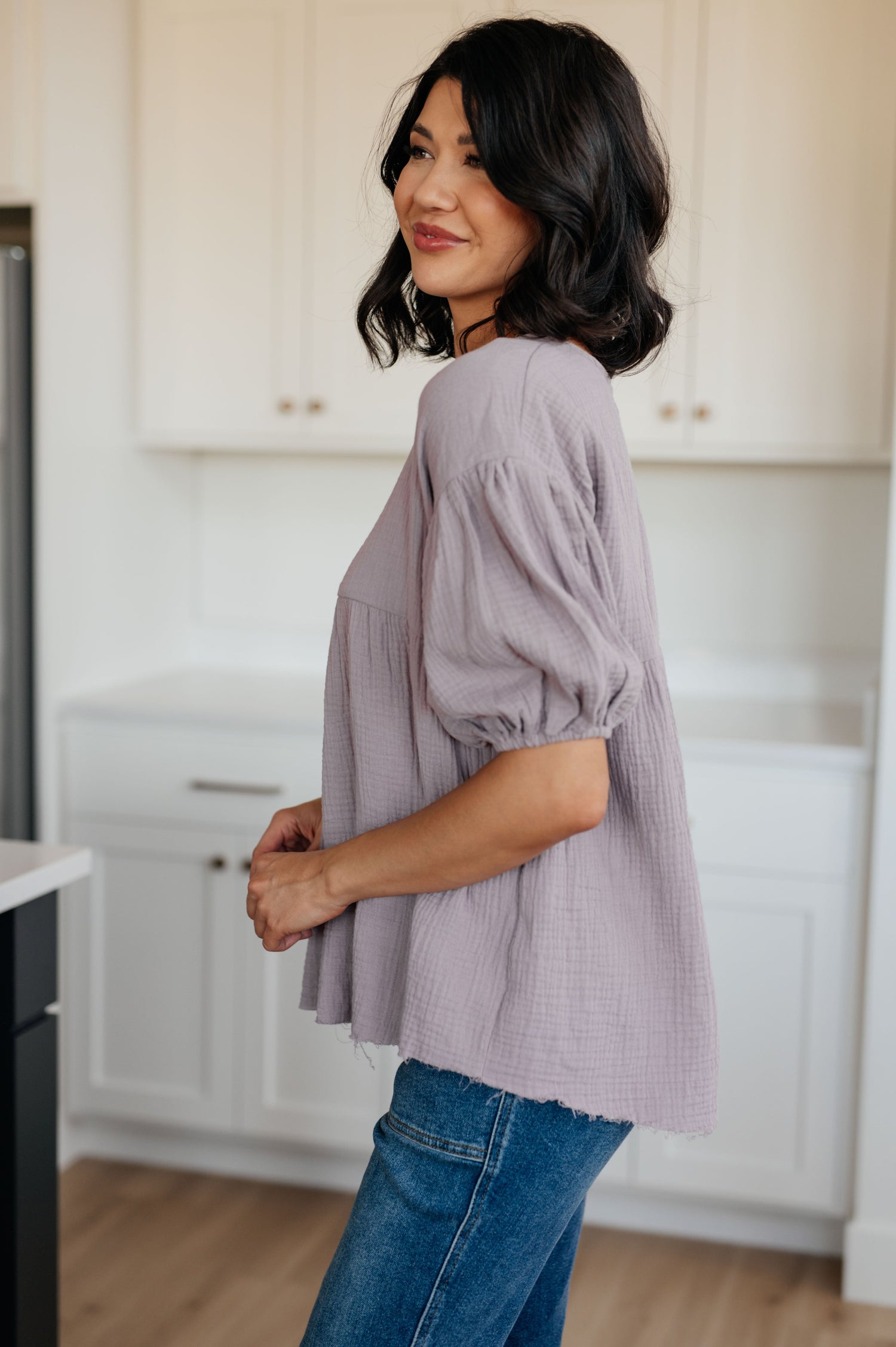 Pleasantly Perfect Bubble Sleeve Peasant Blouse - Mulberry Skies