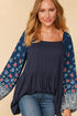 NAVY RIB SOLID FLORAL BORDER BUBBLE SLEEVE TOP-Mulberry Skies