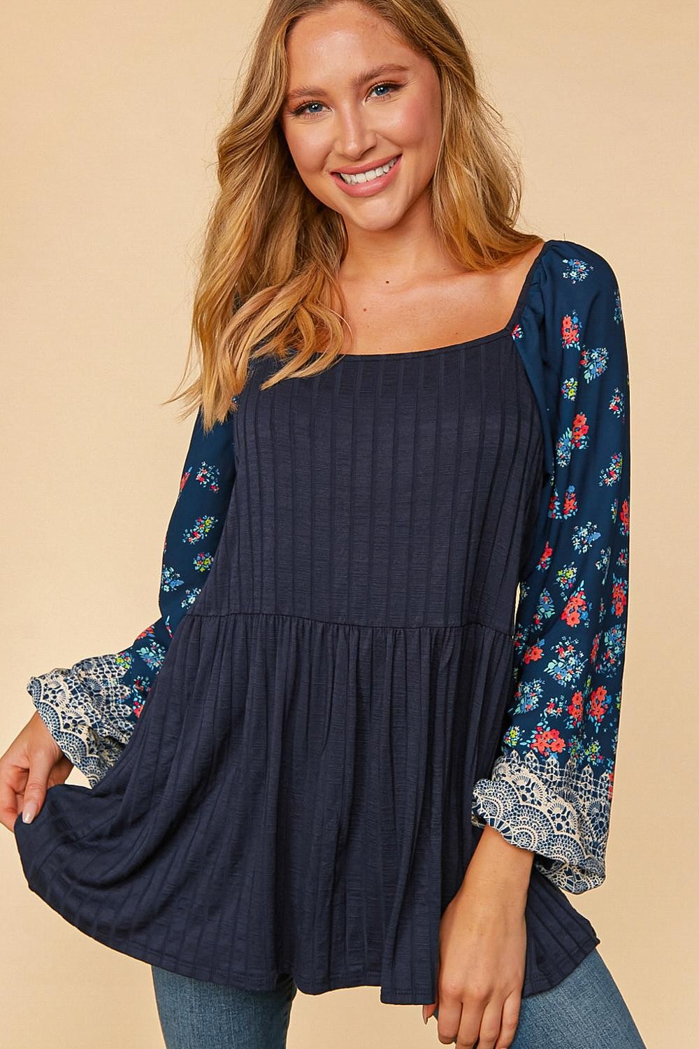 NAVY RIB SOLID FLORAL BORDER BUBBLE SLEEVE TOP-Mulberry Skies
