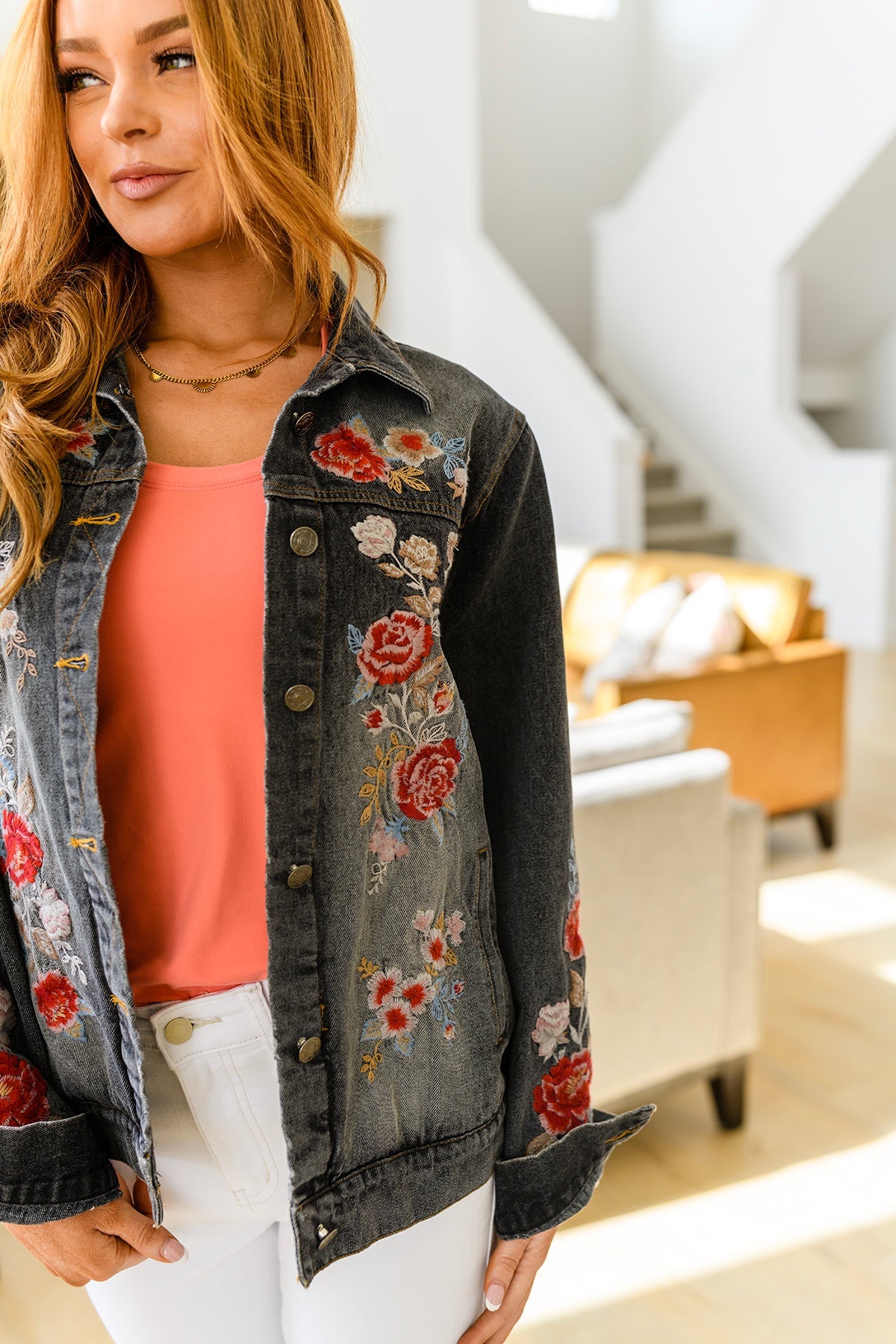 Lovely Visions Flower Embroidered Jacket - Mulberry Skies
