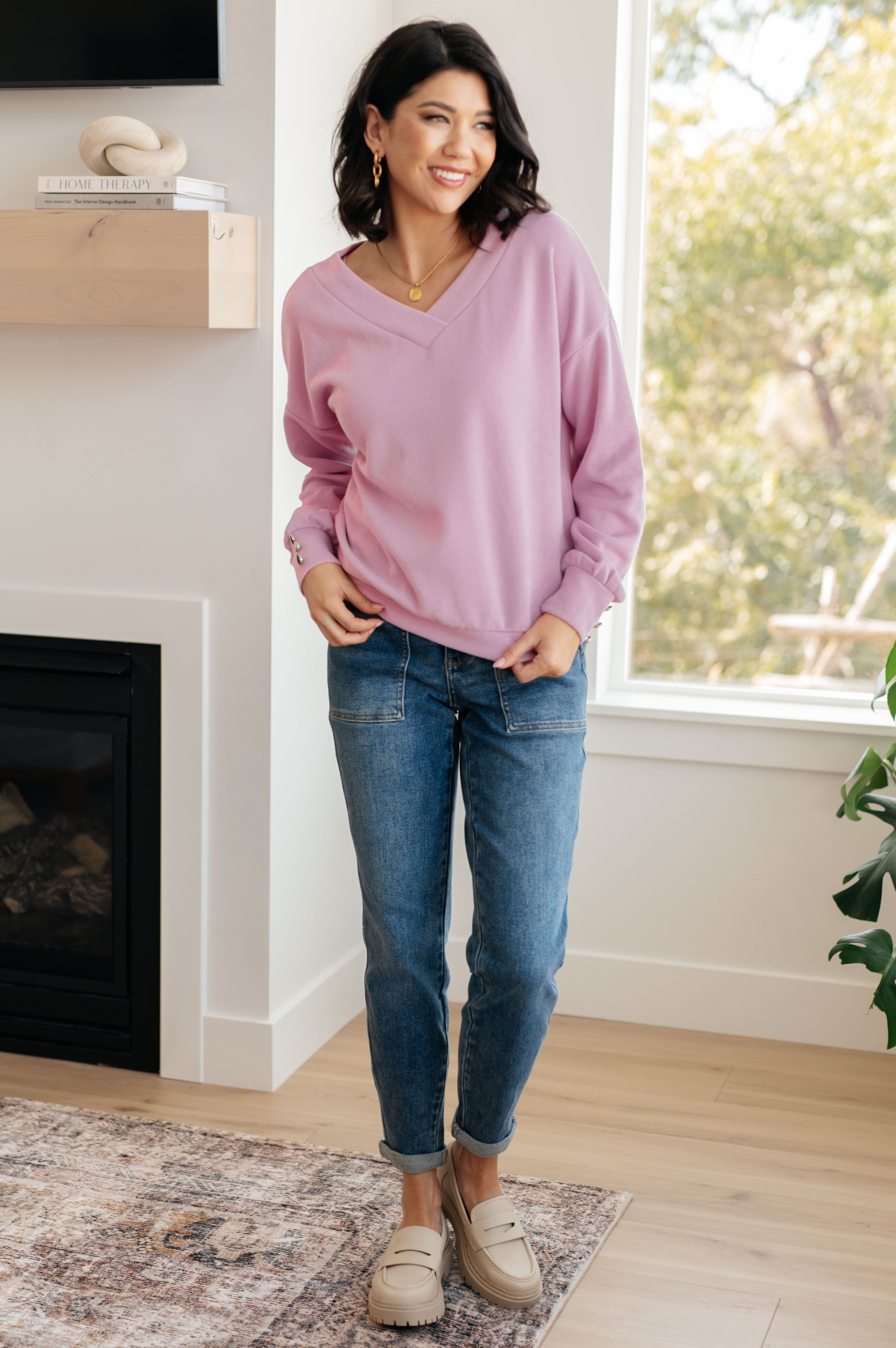 Totally Verified Long Sleeve V-Neck Top - Mulberry Skies