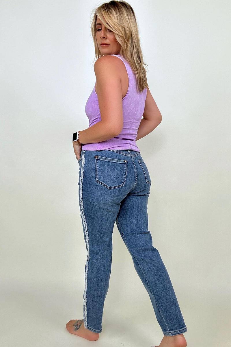 Judy Blue High Waist Side Fray Slim Fit Jeans - Mulberry Skies