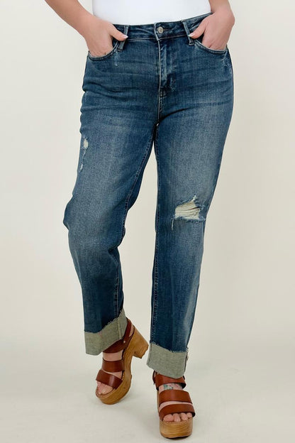 Judy Blue Mid-Rise Destroy &amp; Single Cuff Dad Jean Straight Jeans - Mulberry Skies