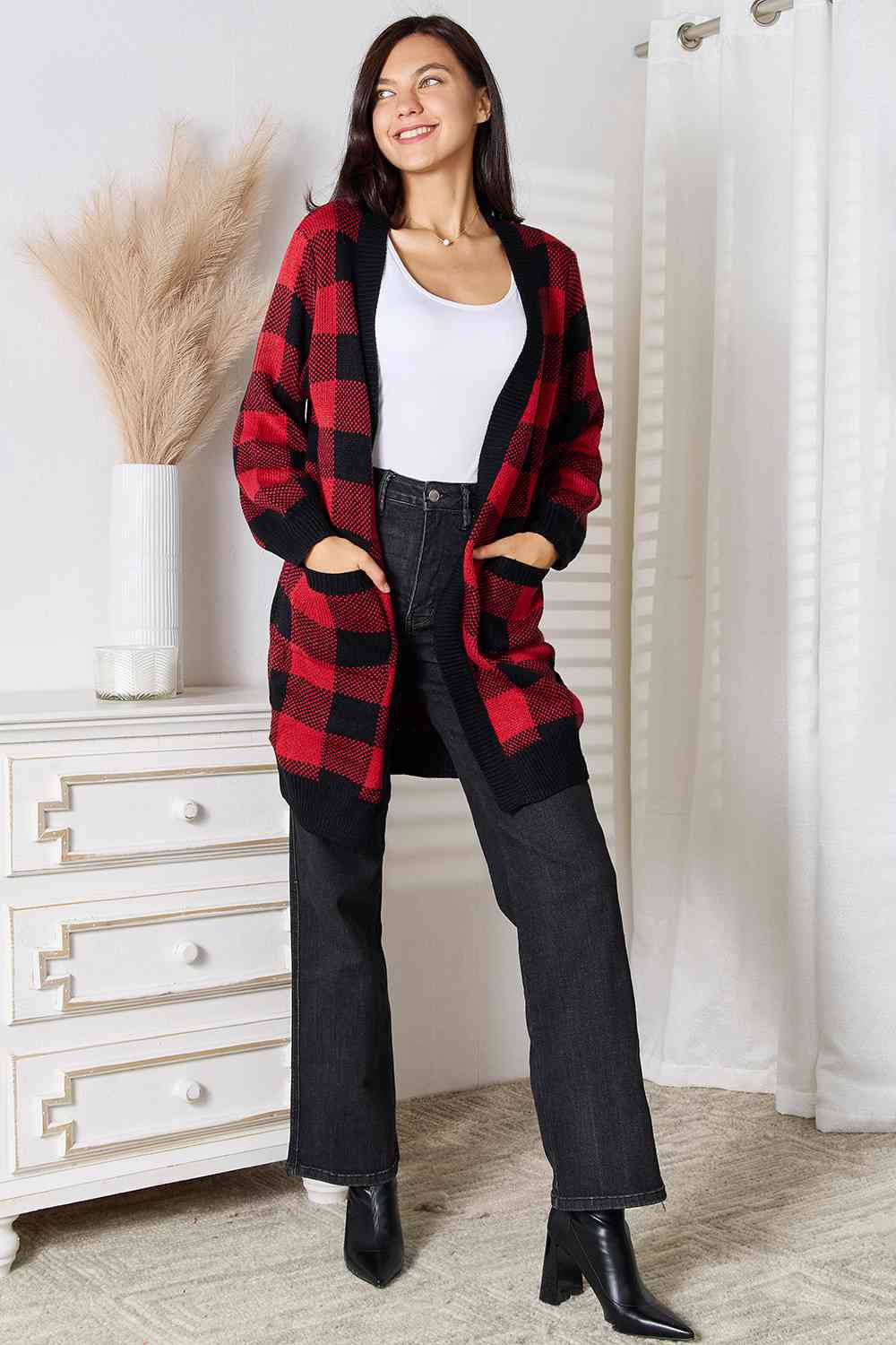Plaid Open Front Cardigan with Pockets - Mulberry Skies