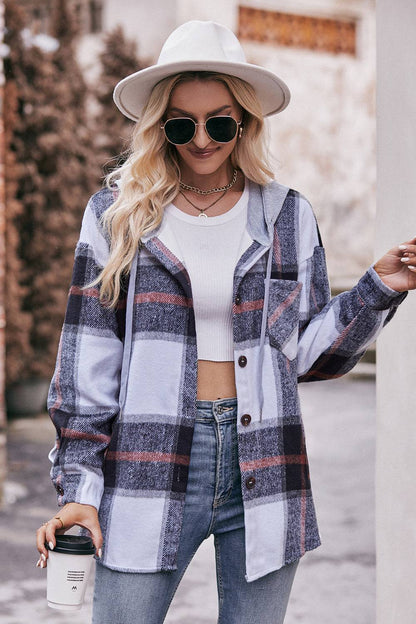 Plaid Dropped Shoulder Hooded Jacket - Mulberry Skies