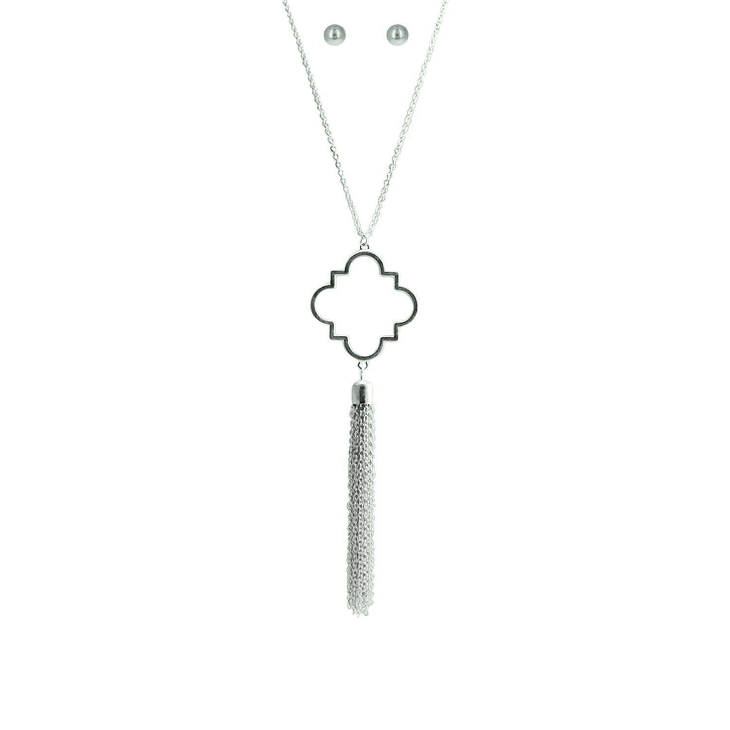 Silver Geometric Tassel Necklace &amp; Earring Set-Mulberry Skies