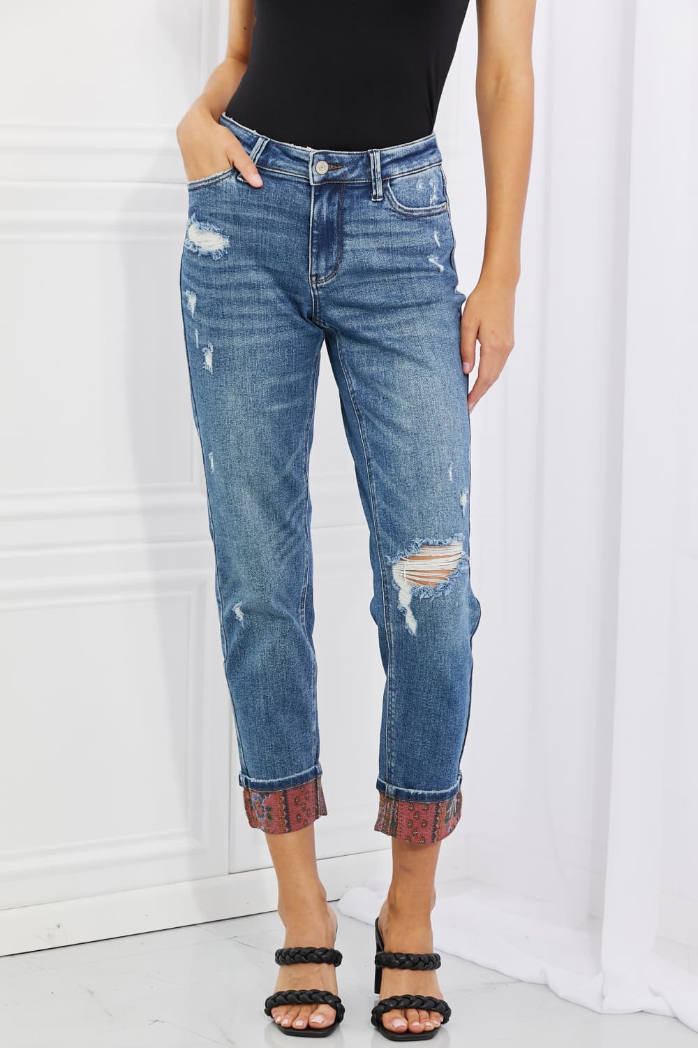 Judy Blue Gina Full Size Mid Rise Paisley Patch Cuff Boyfriend Jeans - Mulberry Skies