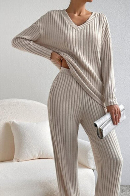 Ribbed V-Neck Top and Pants Set - Mulberry Skies