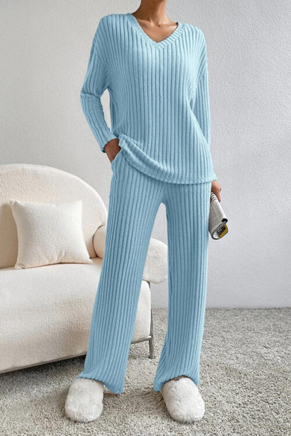 Ribbed V-Neck Top and Pants Set - Mulberry Skies