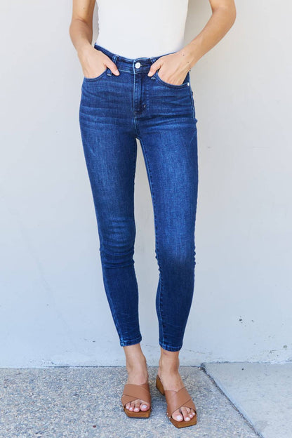Judy Blue Marie Mid Rise Crinkle Ankle Detail Skinny Jeans - Mulberry Skies