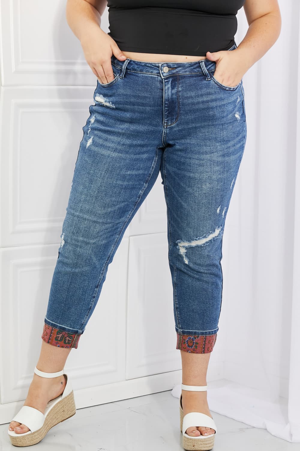 Judy Blue Gina Full Size Mid Rise Paisley Patch Cuff Boyfriend Jeans - Mulberry Skies