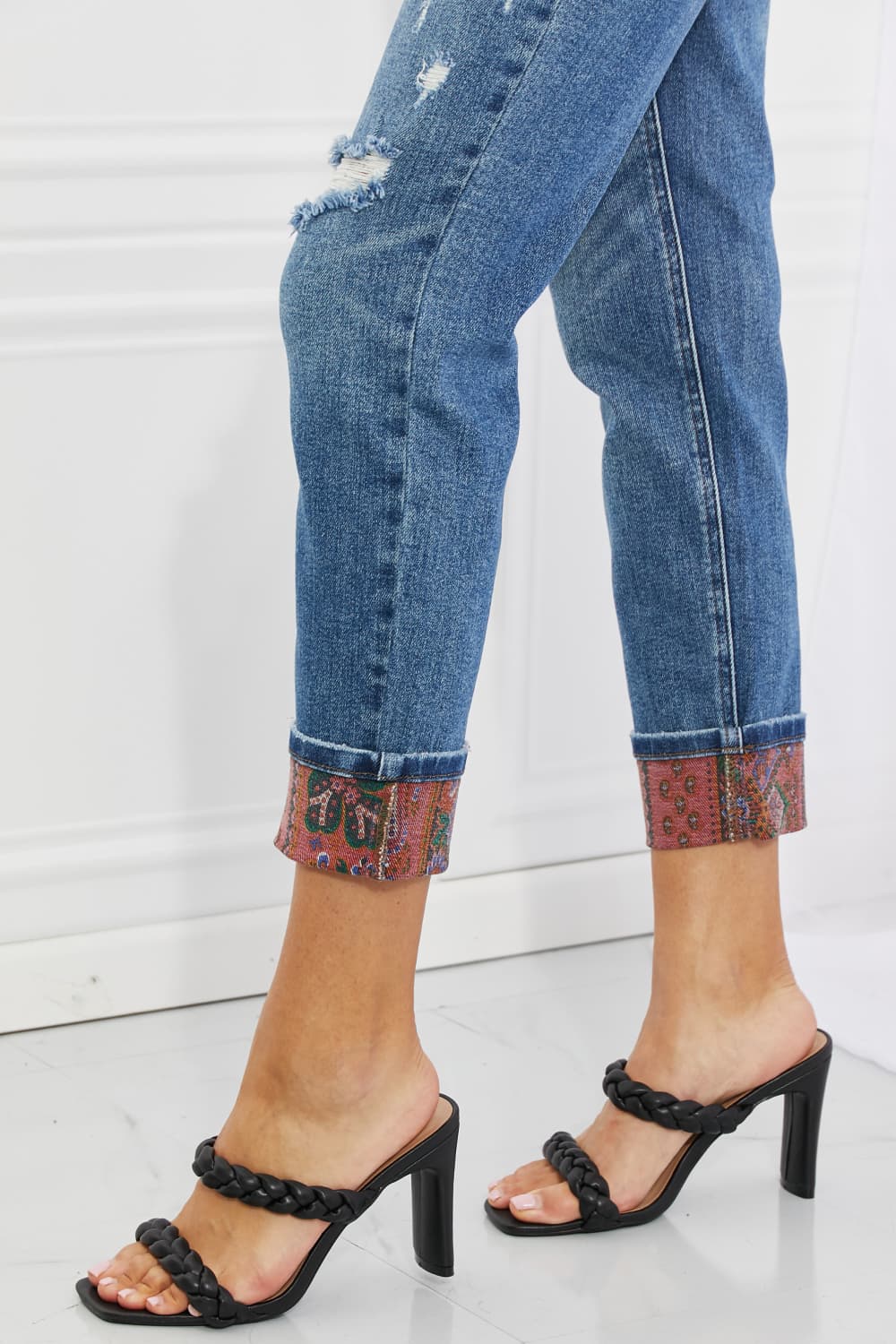 Judy Blue Gina Full Size Mid Rise Paisley Patch Cuff Boyfriend Jeans - Mulberry Skies