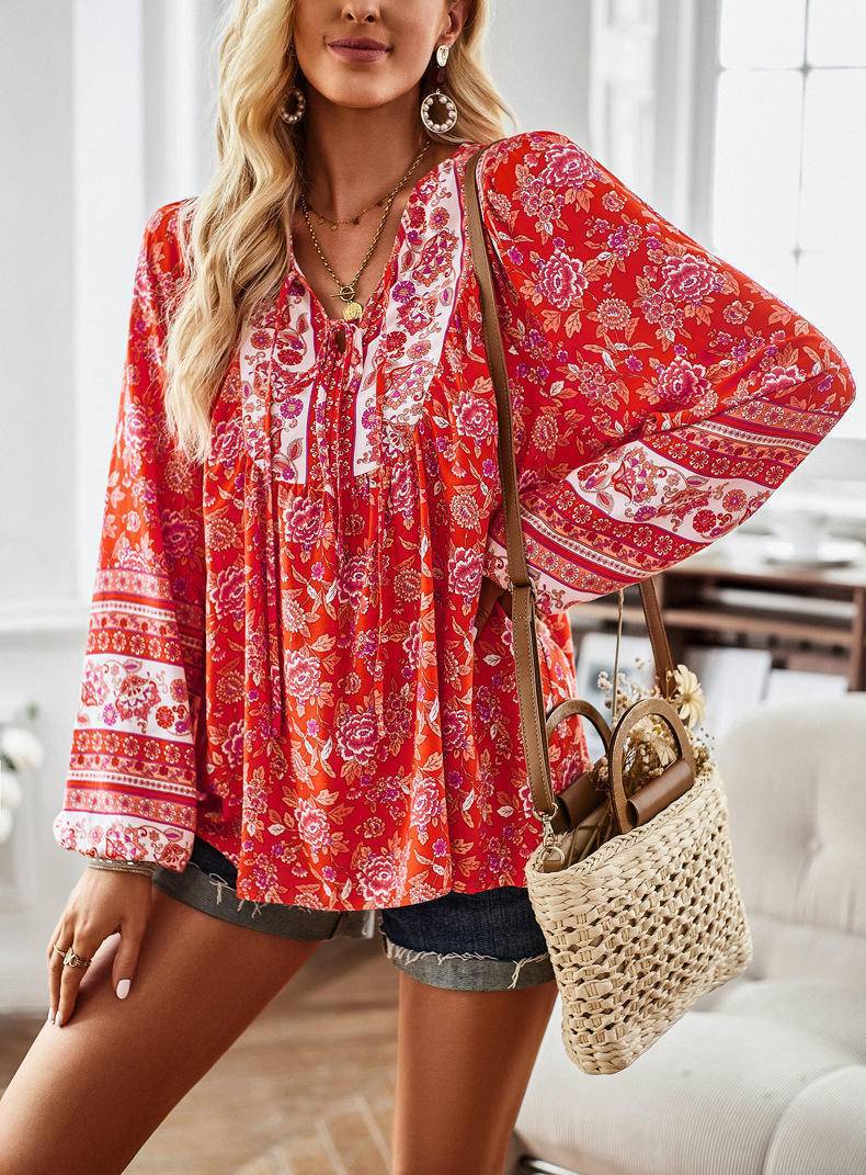 Boho All Over Print Long Sleeve Front Tie Blouse - Mulberry Skies