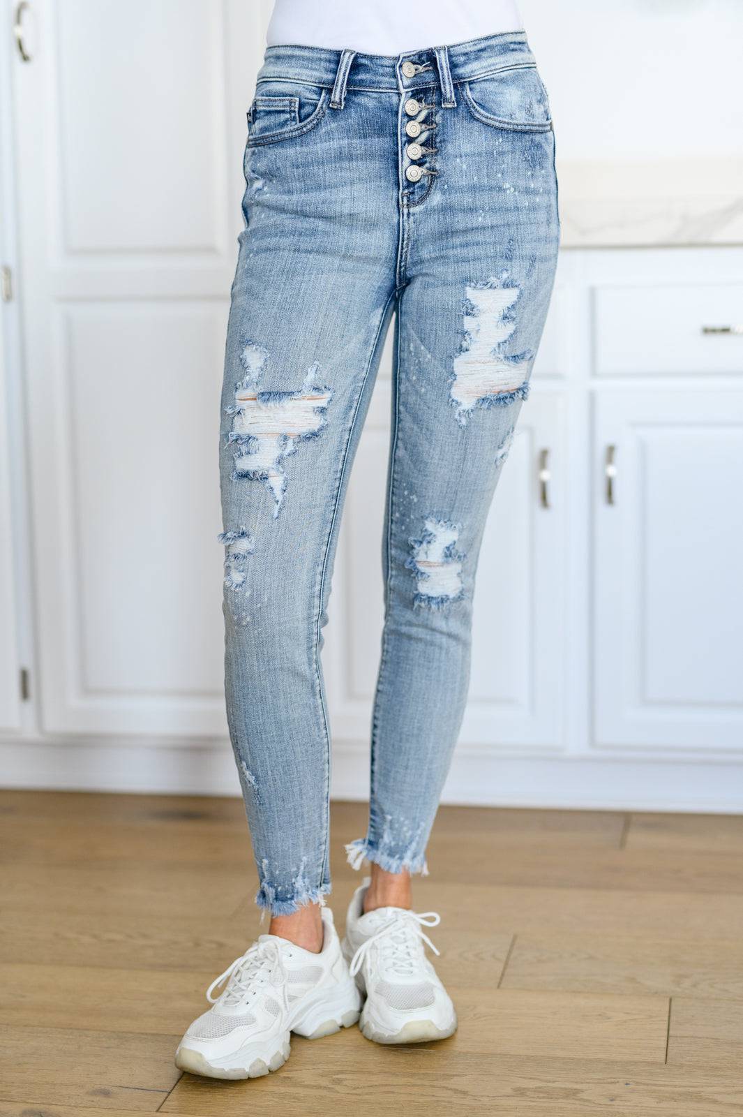 Talulla Bleach Splash Button Fly Destroyed Skinny Jeans-Mulberry Skies