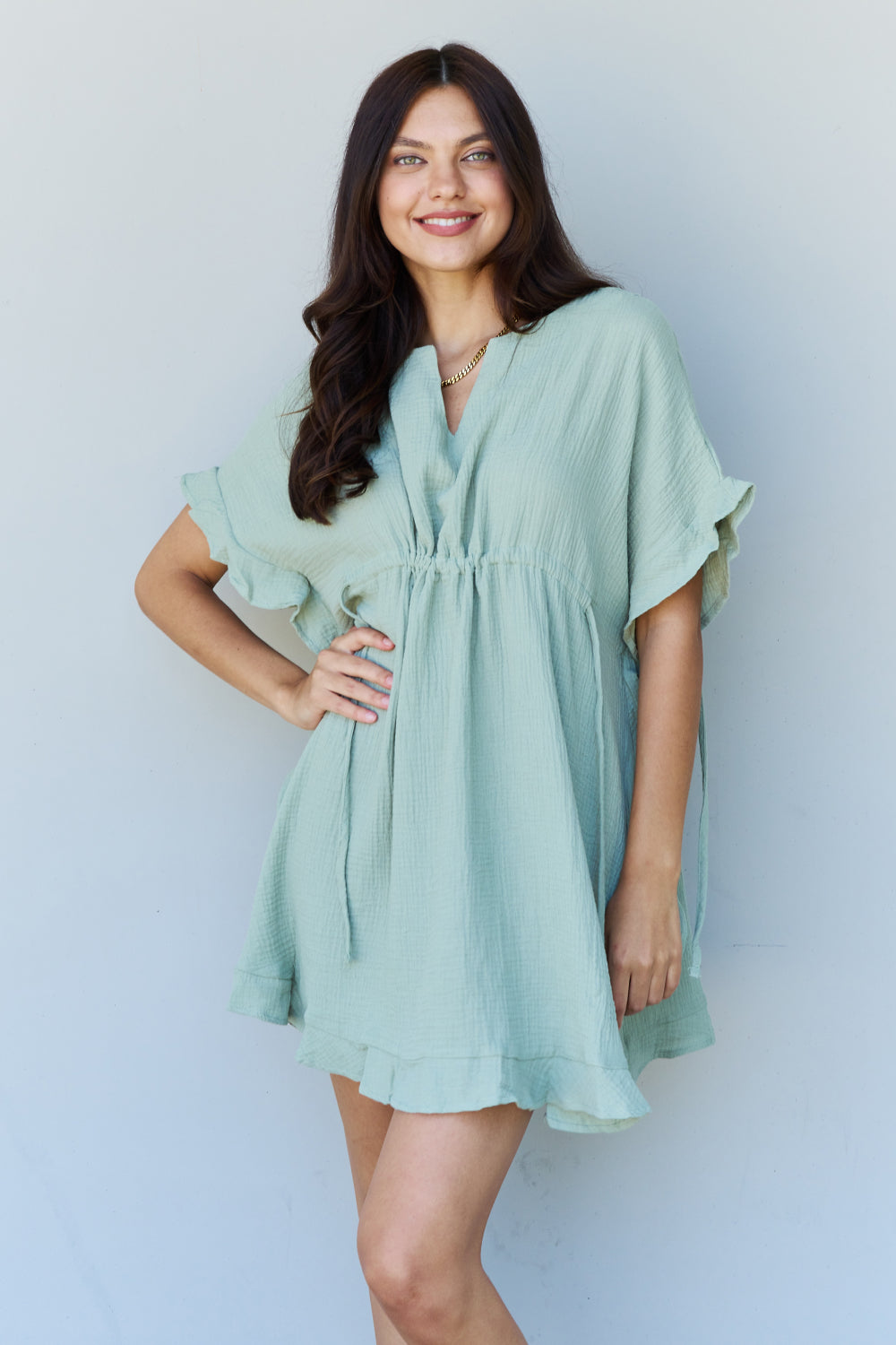 Ninexis Out Of Time Full Size Ruffle Hem Dress with Drawstring Waistband in Light Sage - Mulberry Skies