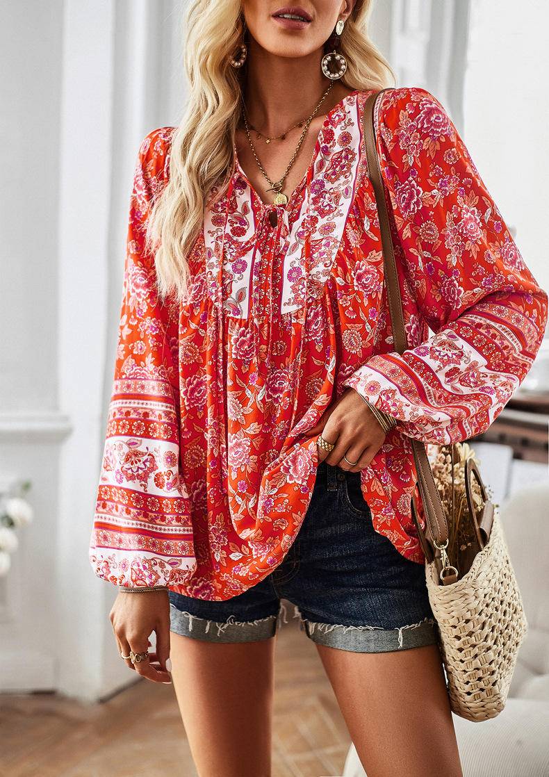 Boho All Over Print Long Sleeve Front Tie Blouse - Mulberry Skies