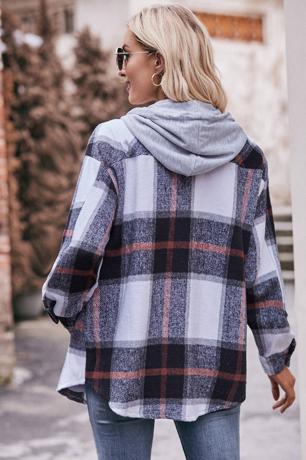 Plaid Dropped Shoulder Hooded Jacket - Mulberry Skies
