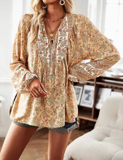 Boho All Over Print Long Sleeve Front Tie Blouse - Mulberry Skies