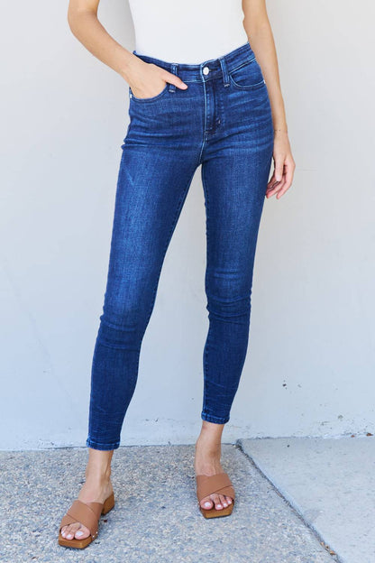 Judy Blue Marie Mid Rise Crinkle Ankle Detail Skinny Jeans - Mulberry Skies