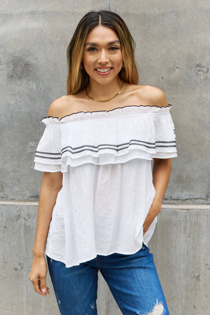 ODDI Full Size Off The Shoulder Ruffle Blouse - Mulberry Skies