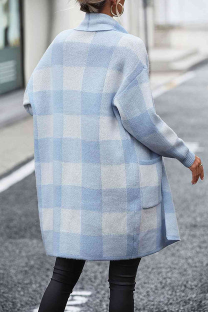 Plaid Dropped Shoulder Cardigan with Pocket - Mulberry Skies