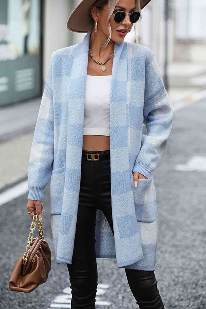 Plaid Dropped Shoulder Cardigan with Pocket - Mulberry Skies