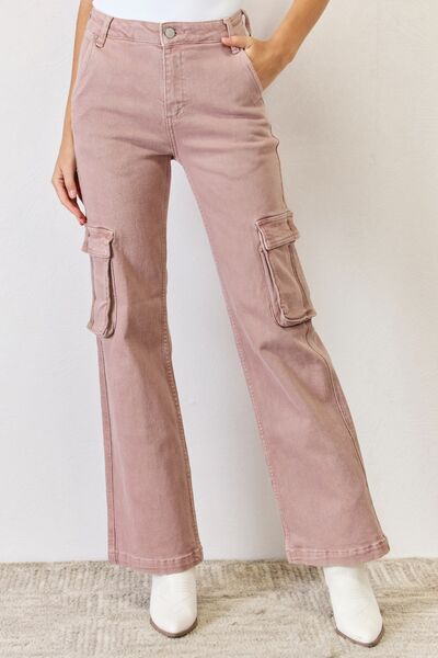 RISEN High Rise Cargo Wide Leg Jeans - Mulberry Skies